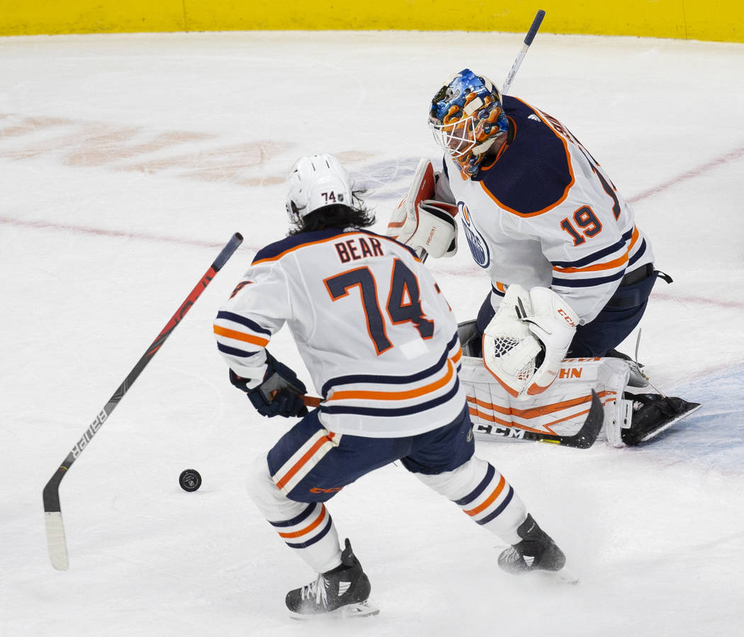 Edmonton Oilers goaltender Mikko Koskinen (19) makes a save in the second period with Edmonton ...