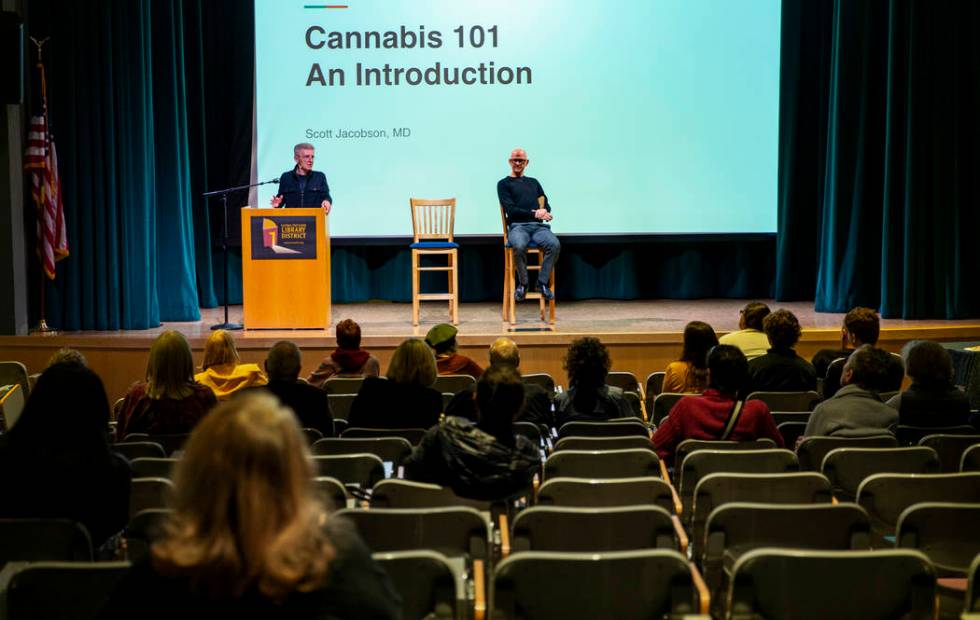 Billy Hayes, left, gives a talk on Cannabis 101 joined by Dr. Scott Jacobson at the West Charle ...