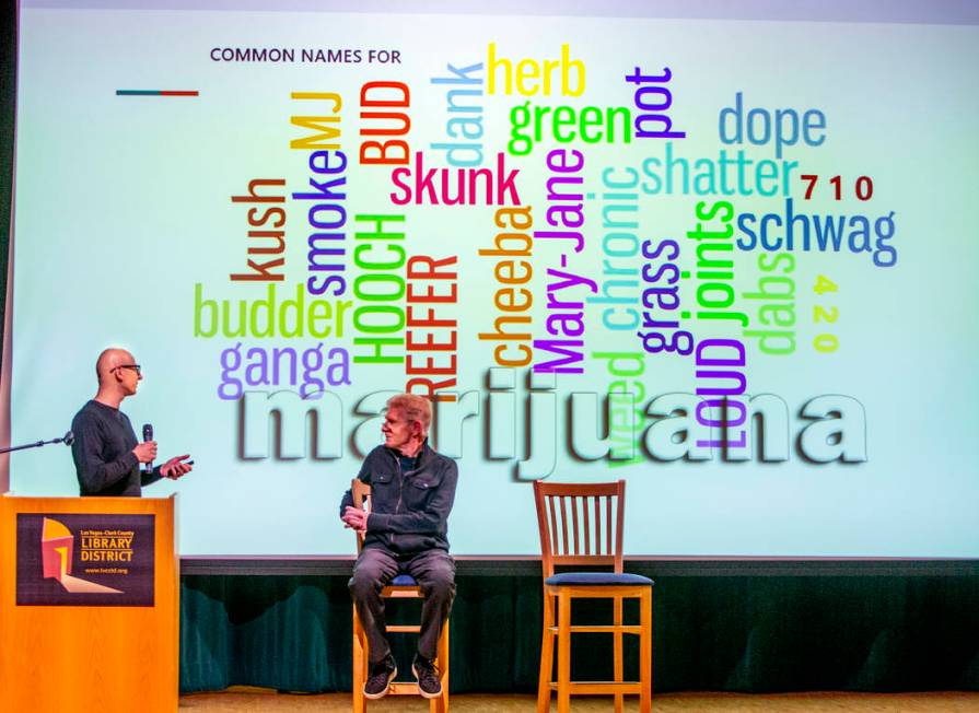 Dr. Scott Jacobson, left, gives a talk on Cannabis 101 joined by Billy Hayes at the West Charle ...