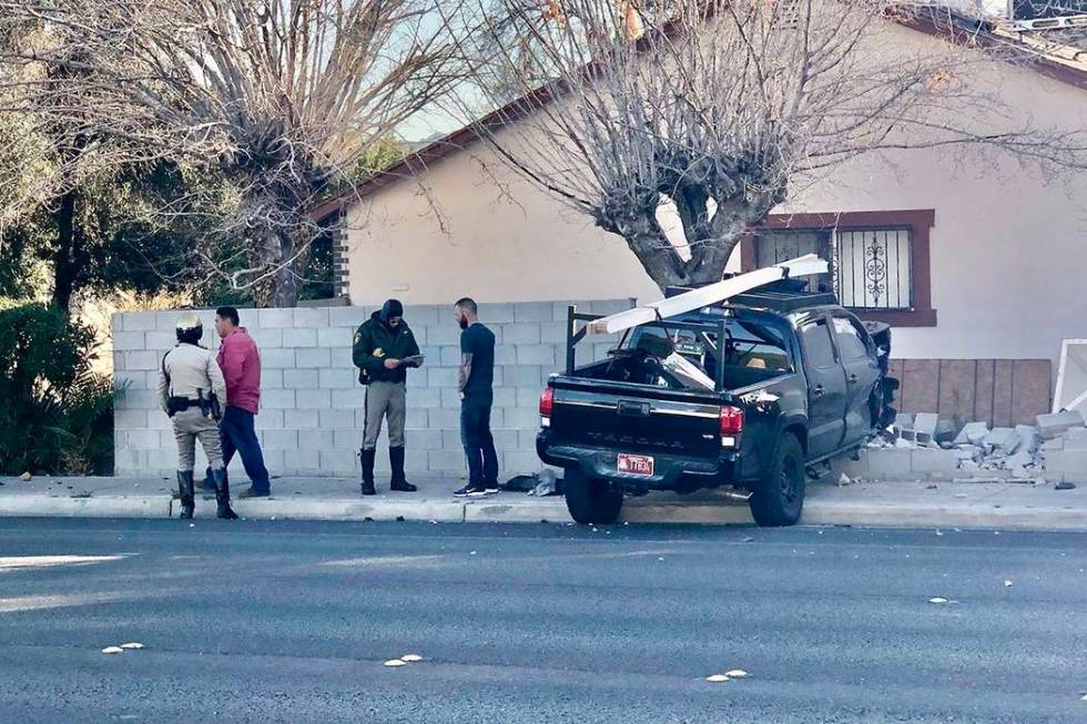 A driver plowed through wall on 2997 Palora Avenue in Las Vegas on Thursday, Feb. 27, 2020. (Bi ...