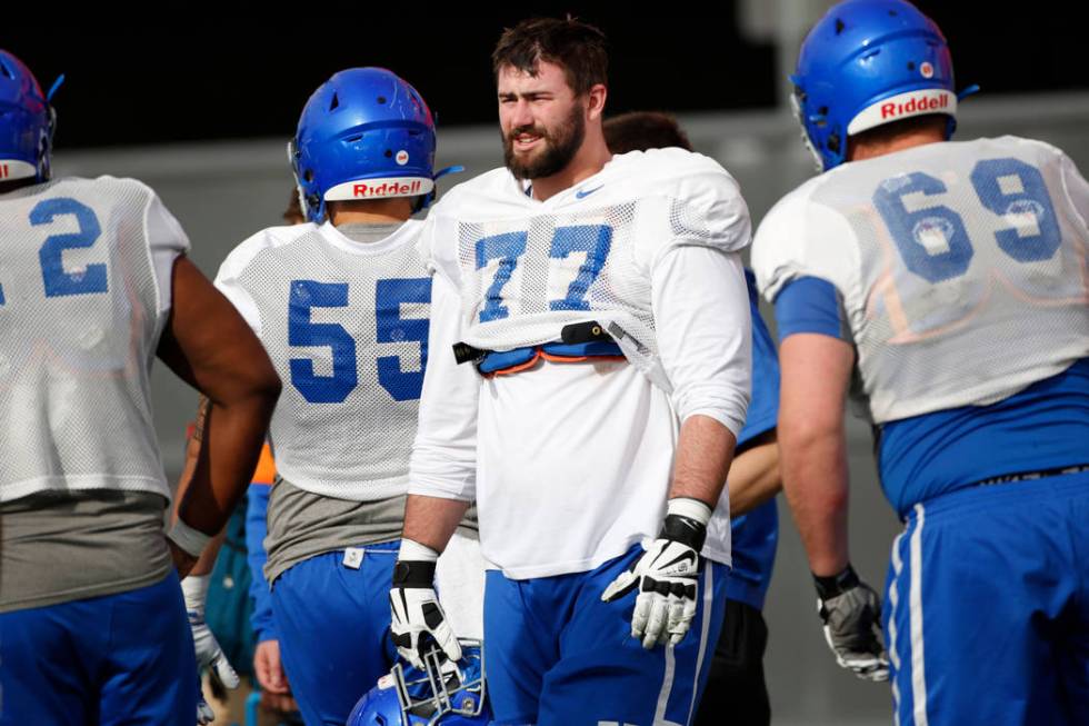 Boise State Broncos offensive lineman John Molchon (77) is seen during a football practice in L ...