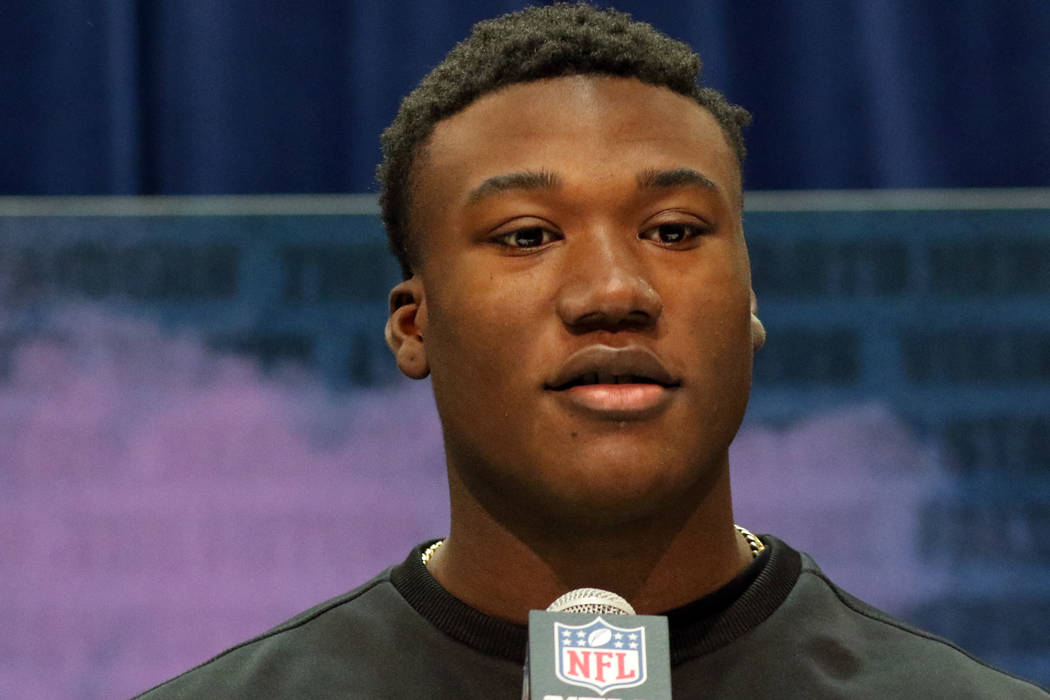 Oklahoma linebacker Kenneth Murray speaks during a news conference at the NFL scouting combine ...