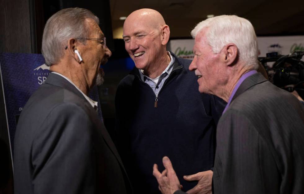 Larry Brown, center, who pitched for the Las Vegas Stars and is a local politician, chats after ...