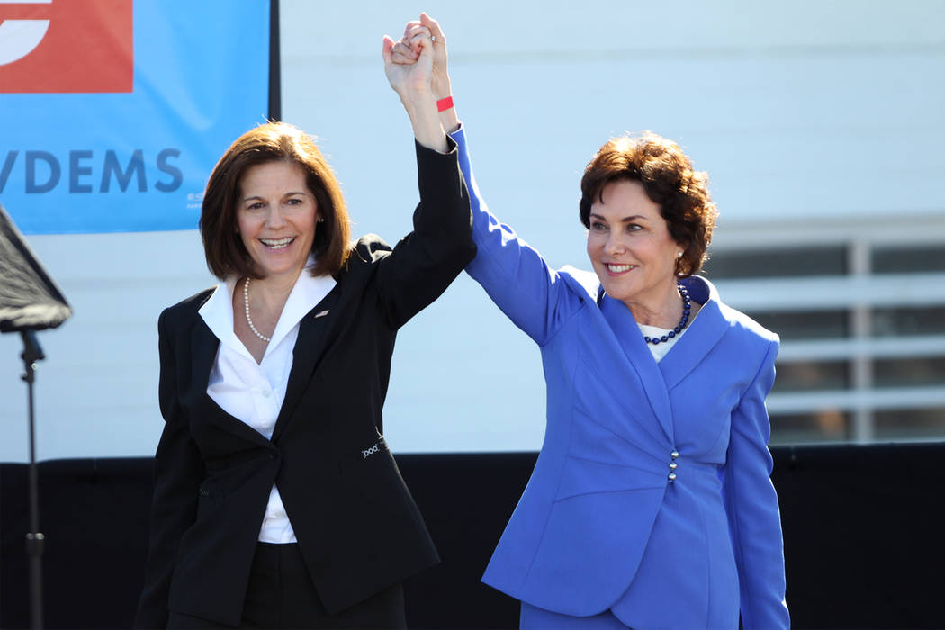 U.S. Sen. Catherine Cortez-Masto, left, and Rep. Jacky Rosen, during a Nevada State Democratic ...