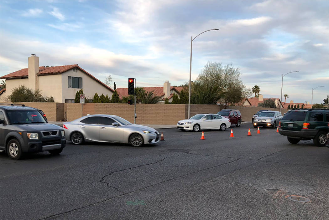 Vehicles are seen near a fatal crash in the area of Tropicana Avenue and Buffalo Drive in Las V ...