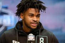 Alabama defensive back Trevon Diggs speaks during a press conference at the NFL football scouti ...