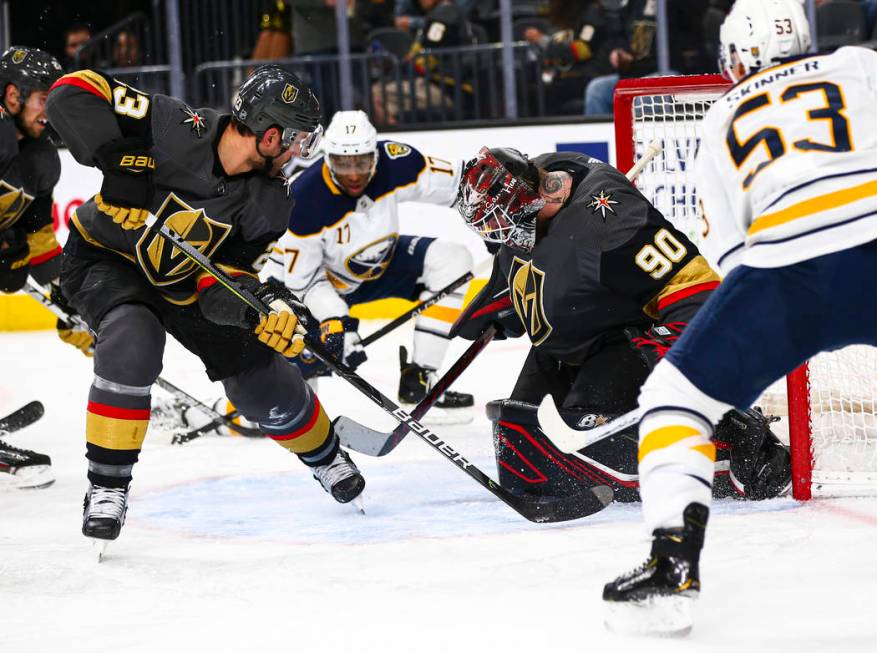 Golden Knights goaltender Robin Lehner (90) stops the puck during the second period of an NHL h ...