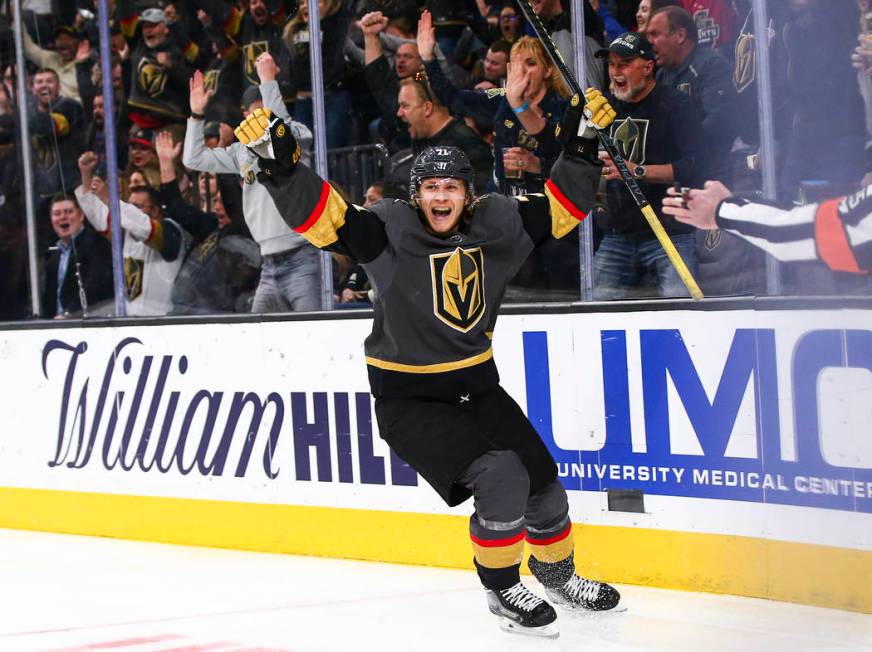 Golden Knights' William Karlsson (71) celebrates after scoring against the Buffalo Sabres durin ...