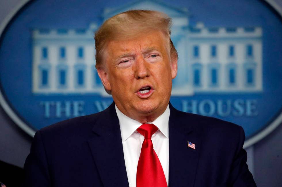 President Donald Trump speaks in the press briefing room at the White House in Washington, Satu ...