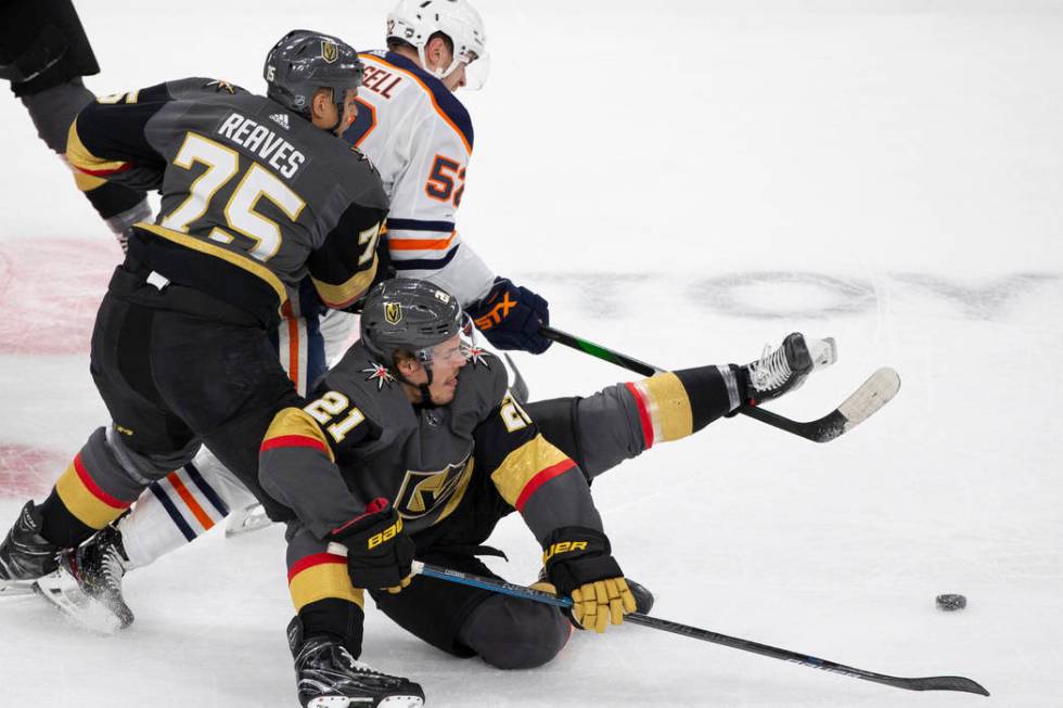 Vegas Golden Knights center Nick Cousins (21) and Vegas Golden Knights right wing Ryan Reaves ( ...