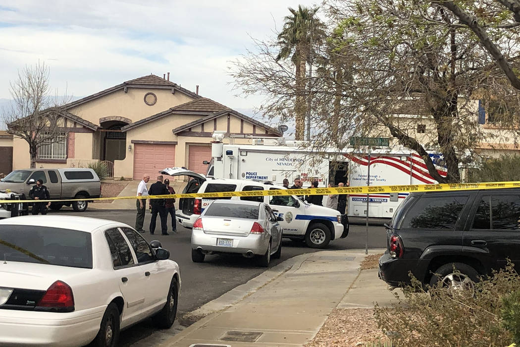 Henderson police investigate an officer-involved shooting near Cabana Blanca Street and Viento ...