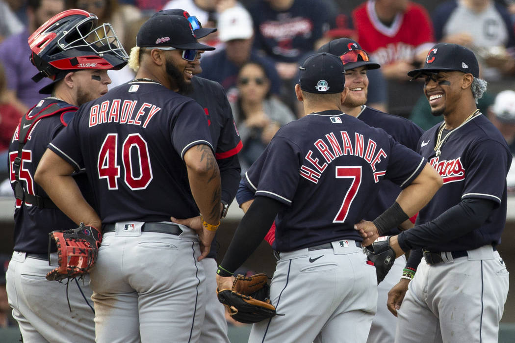 Cleveland Indians catcher Roberto Perez (55), Cleveland Indians first baseman Bobby Bradley (40 ...