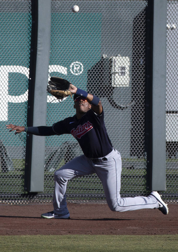 Cleveland Indians right fielder Greg Allen (1) makes a diving catch in the 6th inning during a ...