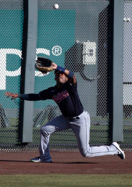 Cleveland Indians right fielder Greg Allen (1) makes a diving catch in the 6th inning during a ...