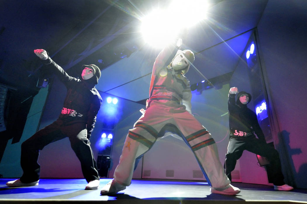 Cast members from the Jabbawockeez rehearse at the MGM Grand hotel-casino at 3799 Las Vegas Blv ...