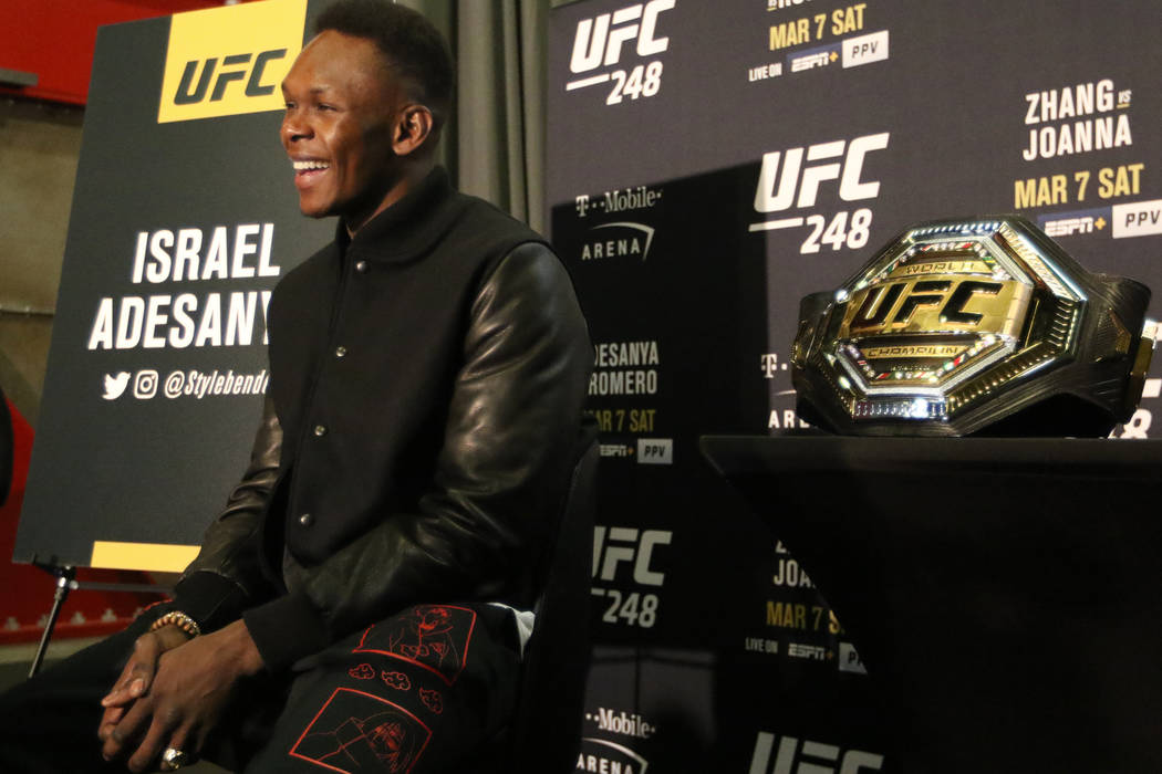 UFC middleweight champion Israel Adesanya is interviewed during UFC 248 media day at the UFC Ap ...