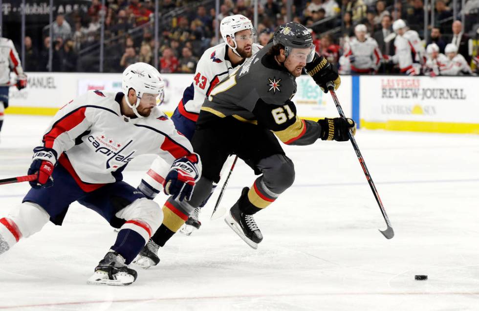 Vegas Golden Knights right wing Mark Stone (61) skates as Washington Capitals defenseman Michal ...