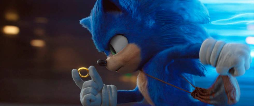 This image released by Paramount Pictures shows Sonic, voiced by Ben Schwartz, in a scene from ...