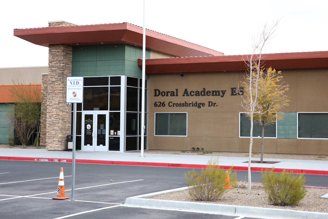 An empty parking lot at Doral Academy Red Rock Elementary School is seen on Friday, Feb. 28, 20 ...