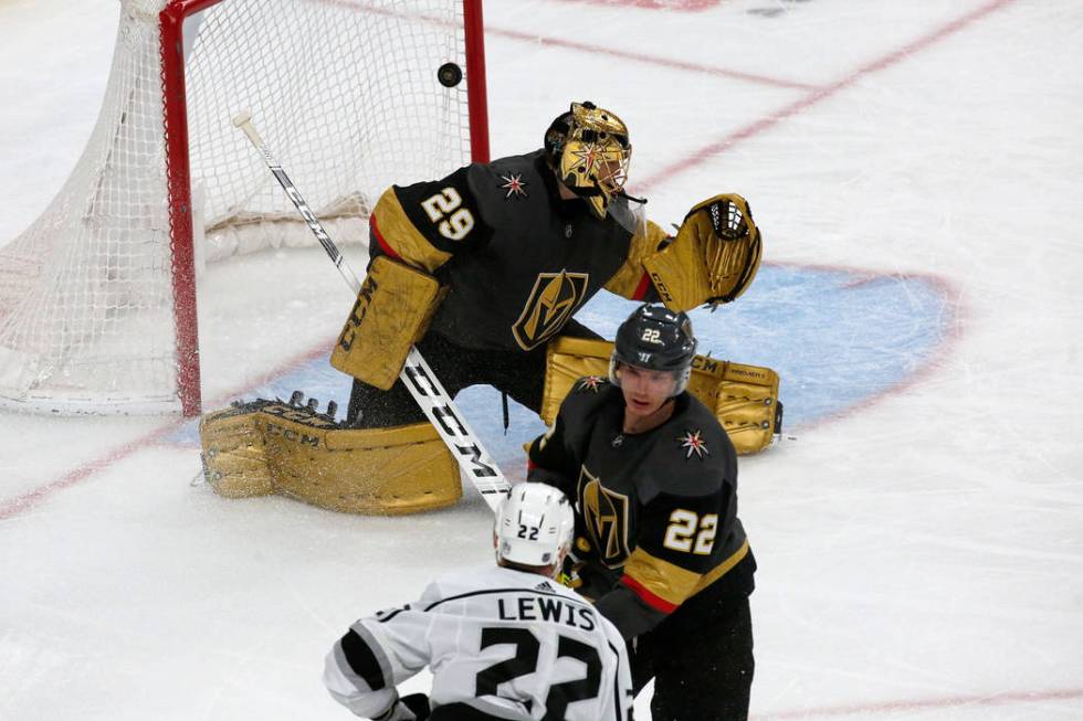 Vegas Golden Knights goaltender Marc-Andre Fleury (29) cannot make a save on a goal by Los Ange ...