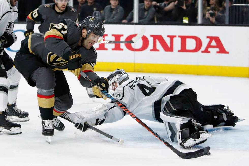 Vegas Golden Knights left wing Max Pacioretty (67) attempts a shot on Los Angeles Kings goalten ...