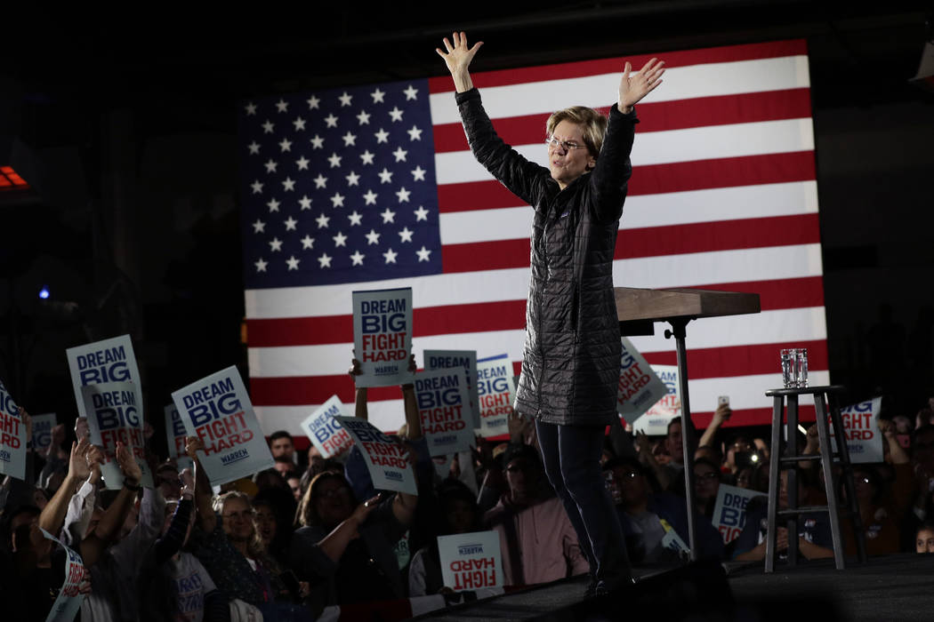 Democratic presidential candidate Sen. Elizabeth Warren, D-Mass., addresses supporters during a ...