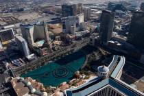 Aerial photo of the Bellagio and fountains on the Strip in Las Vegas, Thursday, Jan. 23, 2020. ...