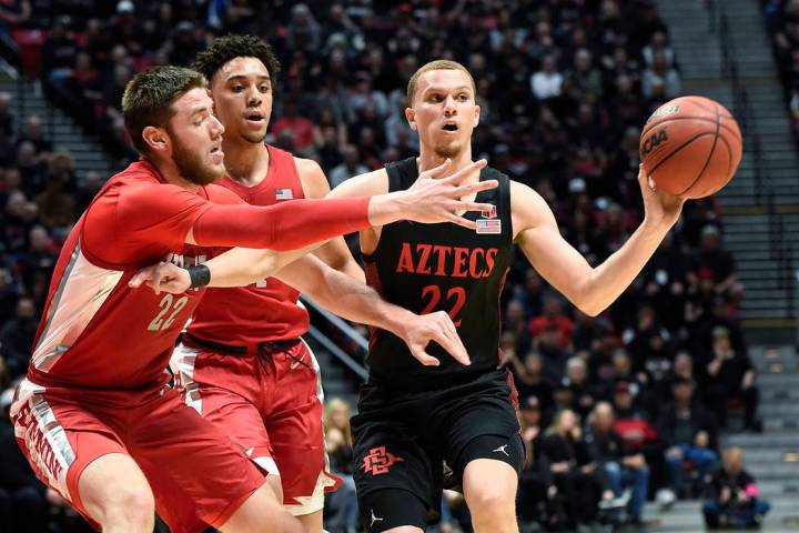 San Diego State guard Malachi Flynn (22) passes in front of UNLV forward Vitaliy Shibel (22) du ...