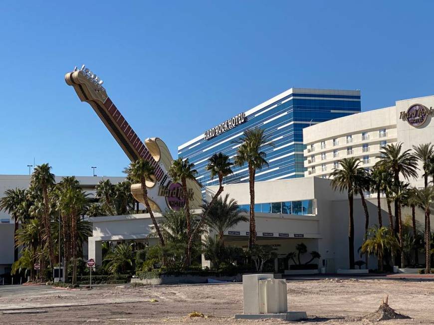 The guitar sign at the entrance of the now-closed Hard Rock Hotel is shown on Wednesday, Feb. 1 ...