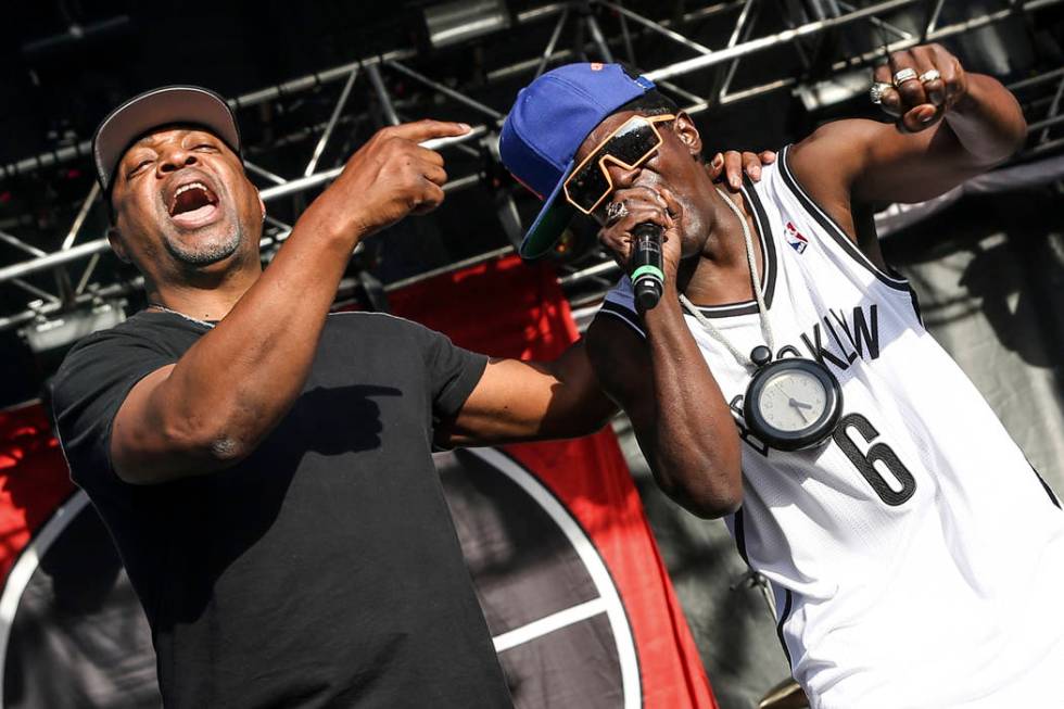 This May 29, 2015 file photo shows Chuck D, left, Flavor Flav of Public Enemy performing at the ...
