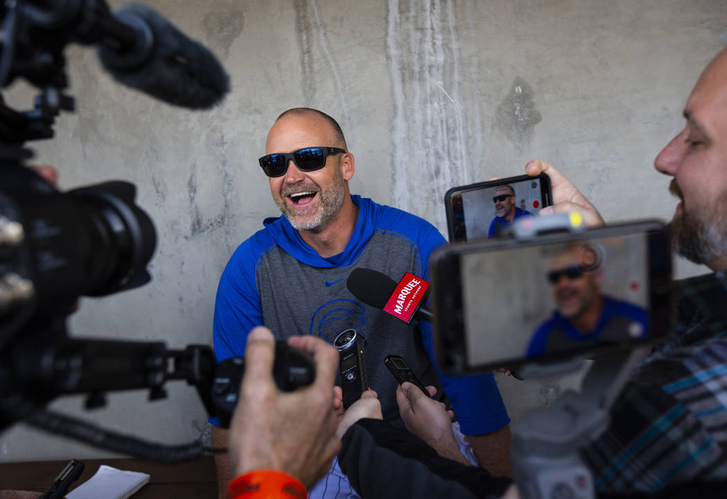 Chicago Cubs manager David Ross speaks with the media before a baseball game against the Cincin ...