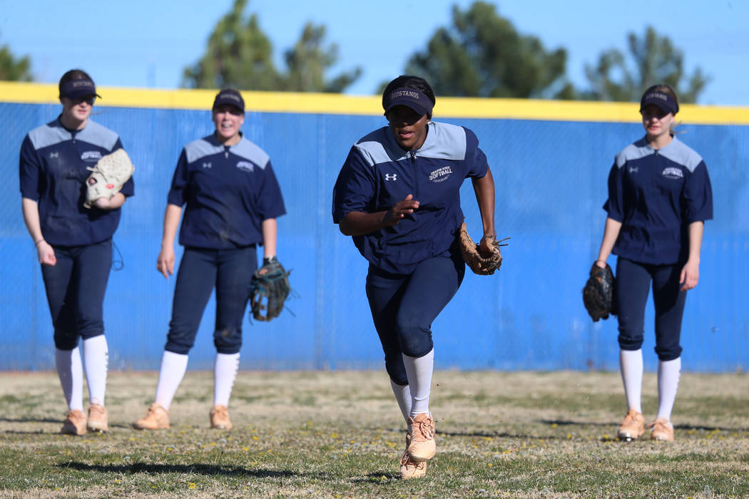 Shadow Ridge's Jasmine Martin, 17, sprints during a softball practice at Shadow Ridge High Scho ...