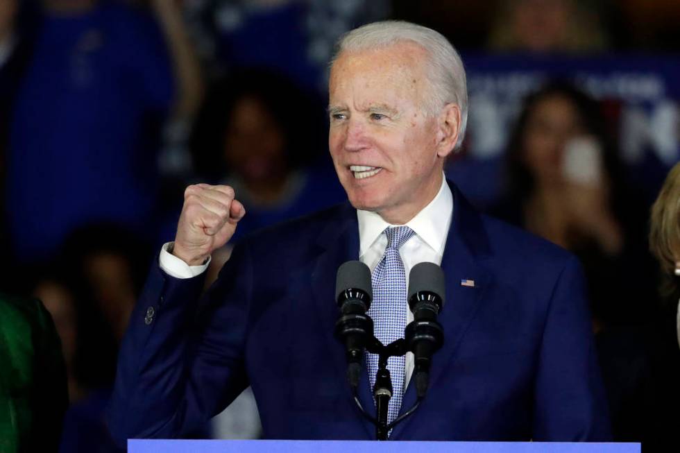 Democratic presidential candidate former Vice President Joe Biden speaks at a primary election ...