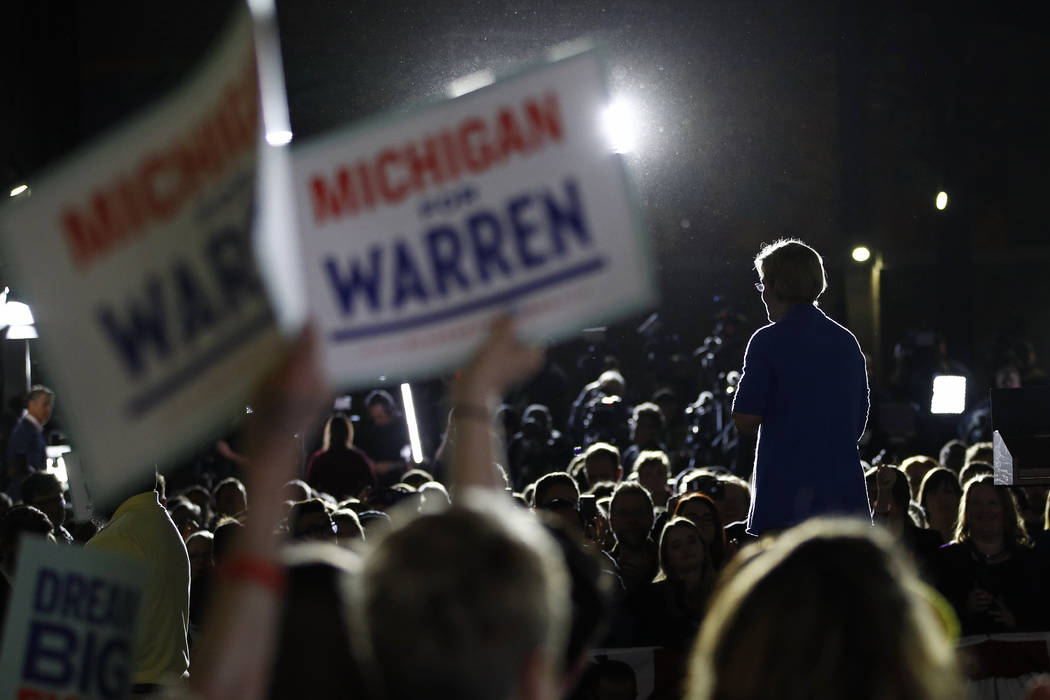 Democratic presidential candidate Sen. Elizabeth Warren, D-Mass., speaks during a primary elect ...