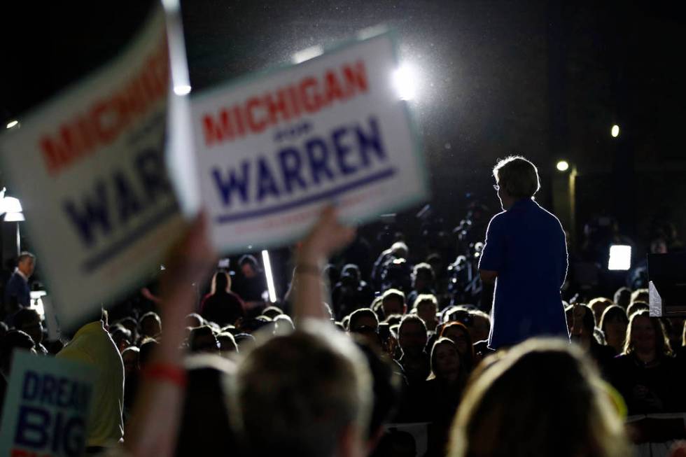 Democratic presidential candidate Sen. Elizabeth Warren, D-Mass., speaks during a primary elect ...