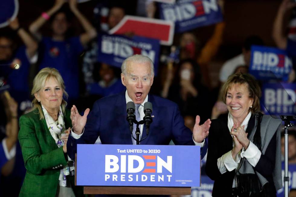 Democratic presidential candidate former Vice President Joe Biden speaks at a primary election ...