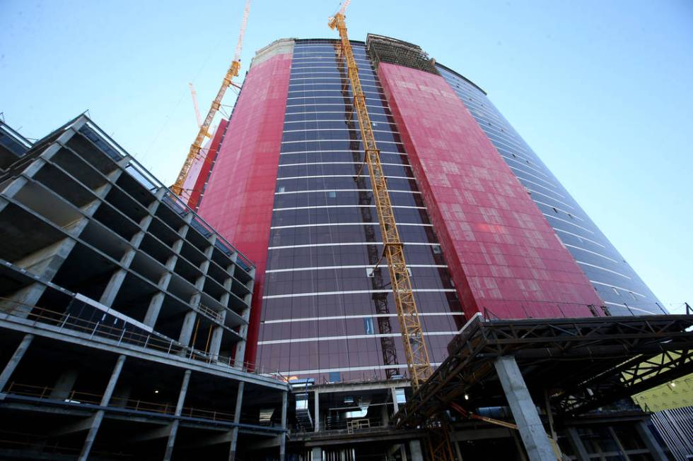 Construction continues on the Hilton west tower porte cochere at Resorts World Las Vegas on the ...