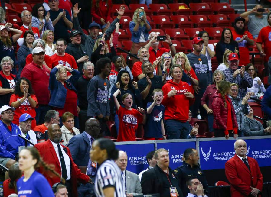 Fresno State Bulldogs fans celebrate as Fresno State's Haley Cavinder, not pictured, scores to ...