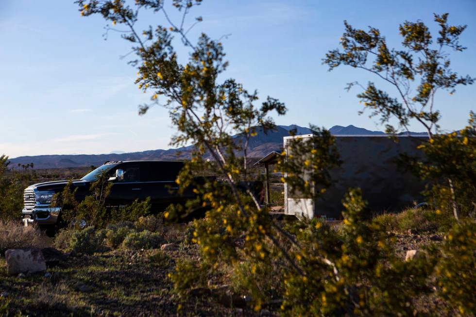 A truck with a trailer moves past wildflowers at the Las Vegas Bay scenic overlook at Lake Mead ...