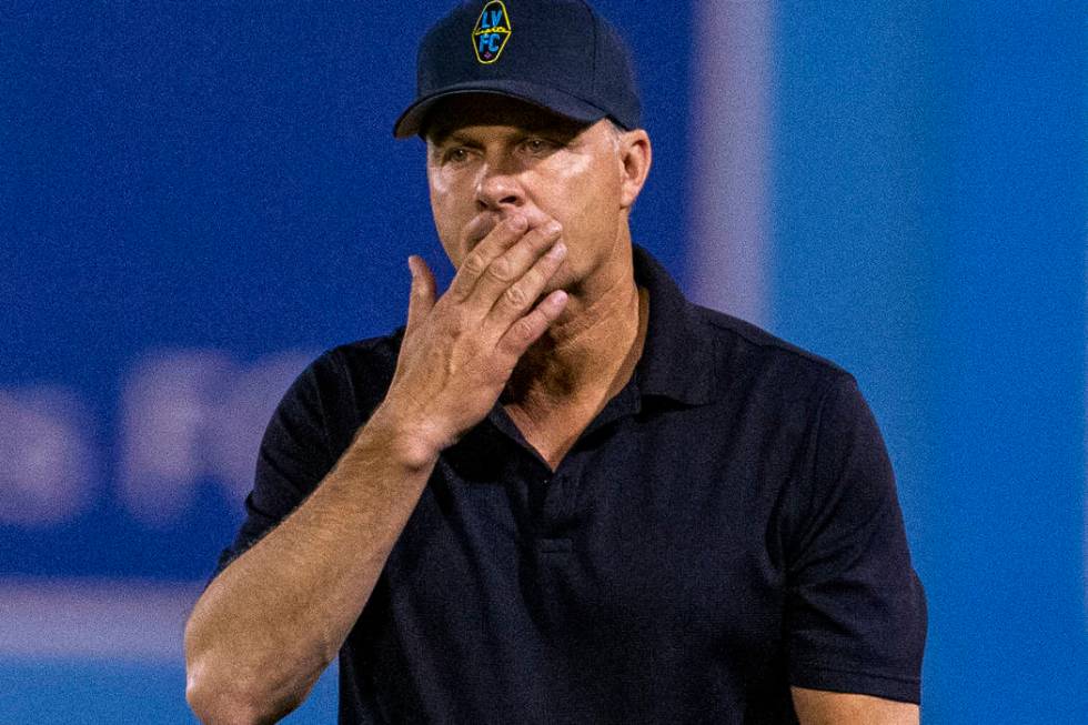 Las Vegas Lights FC head coach Eric Wynalda is in thought on the sidelines during their game ve ...