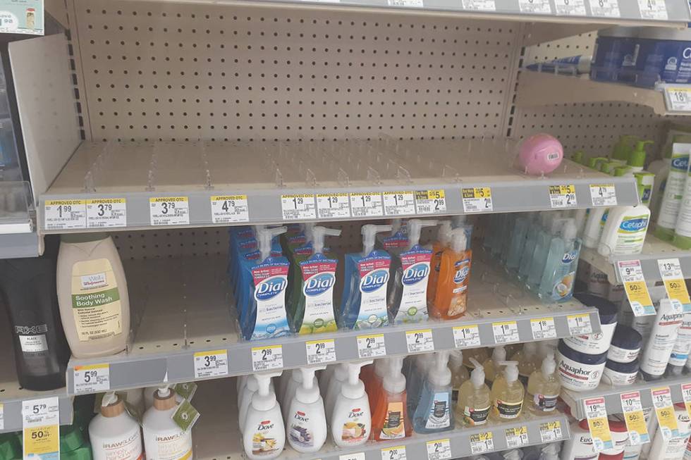 The hand sanitizer aisle at Walgreens, 2389 E. Windmill Lane in Las Vegas. (Tony Garcia/Las Veg ...