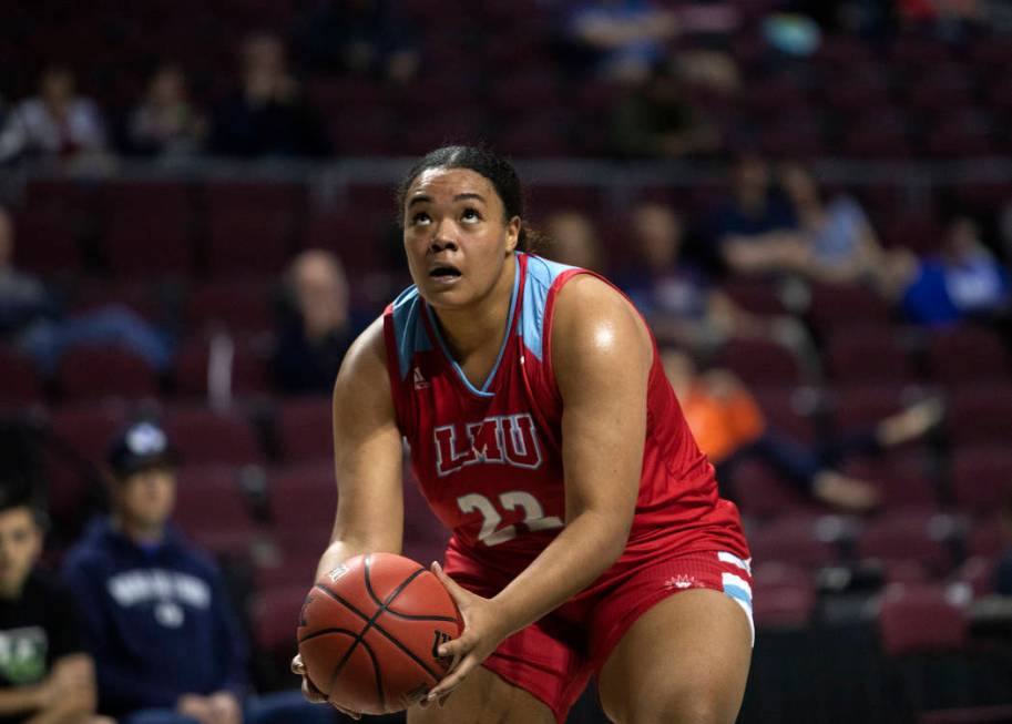 Loyola Marymount's center Raychel Stanley (22) eyes the hoop during the first round of the WCC ...
