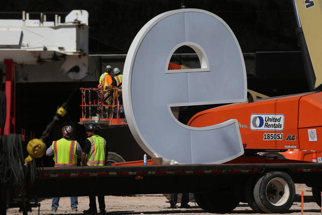 The signage of the Raiders Allegiant Stadium in Las Vegas is installed, Thursday, March 5, 2020 ...