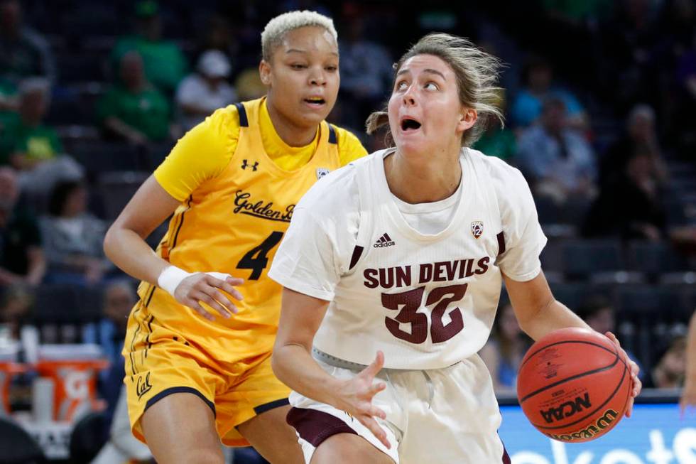 Arizona State's Jayde Van Hyfte (32) shoots around California's Alaysia Styles (4) during the f ...