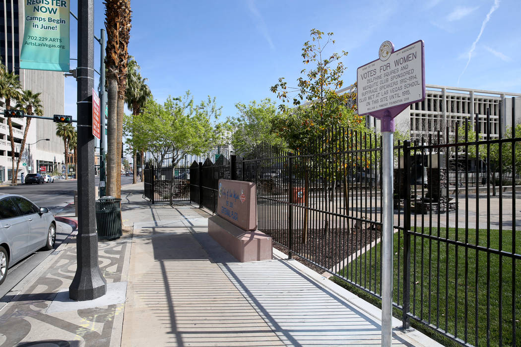 A Votes for Women marker at Centennial Plaza adjacent to the Historic Fifth Street School in do ...