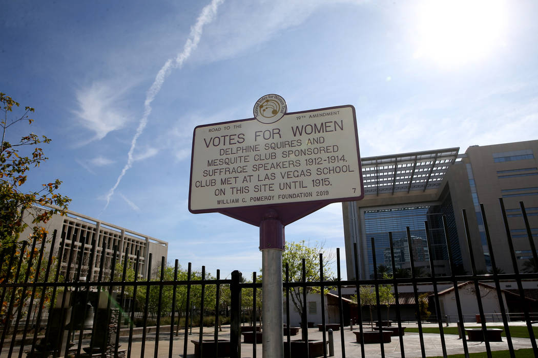 A Votes for Women marker at Centennial Plaza adjacent to the Historic Fifth Street School in do ...