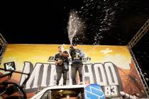 Luke McMillin, right, and co-driver Jason Duncan celebrate after winning the Mint 400 off-roar ...