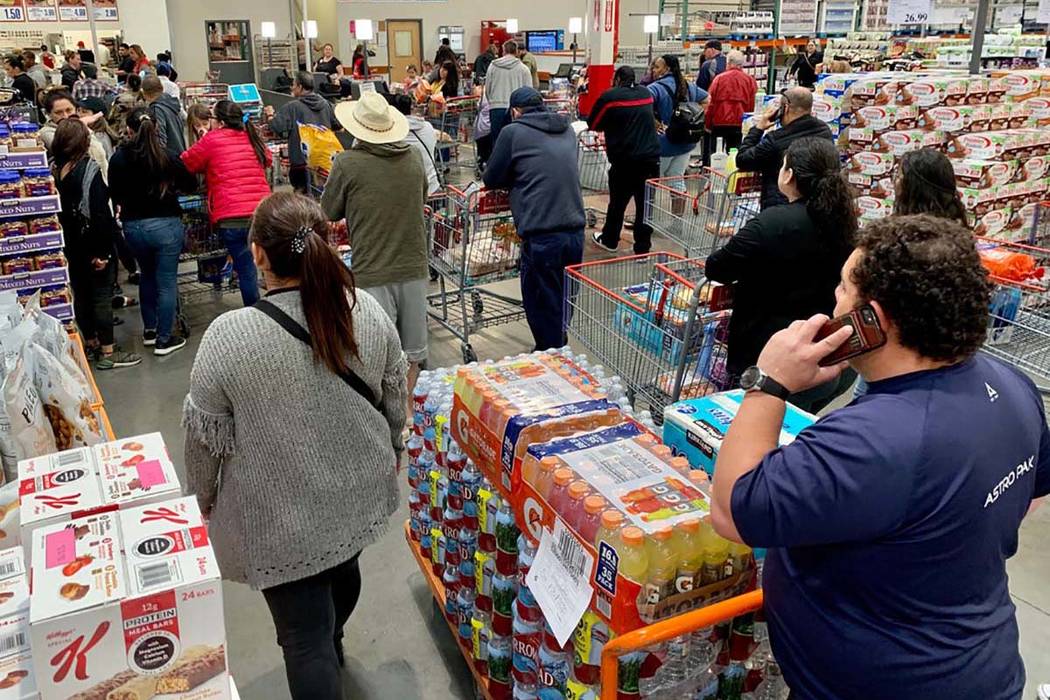 Shoppers visit a Costco Wholesale in Las Vegas on Monday, March 2, 2020. (David Guzman/Las Vega ...