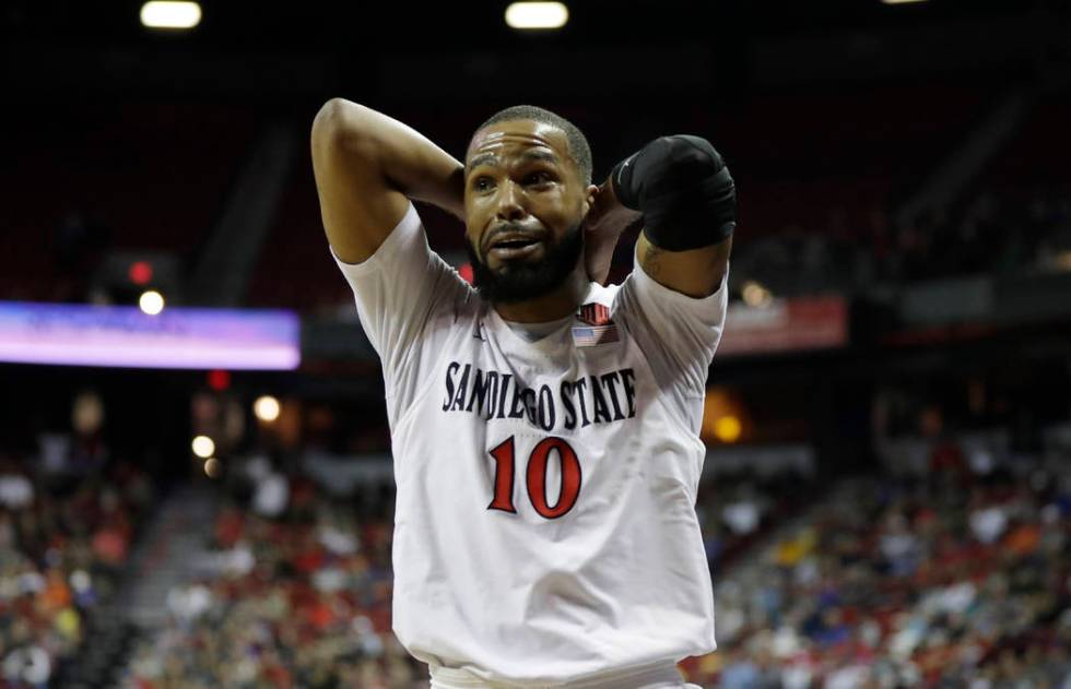 San Diego State's KJ Feagin reacts during the first half of a Mountain West Conference tourname ...