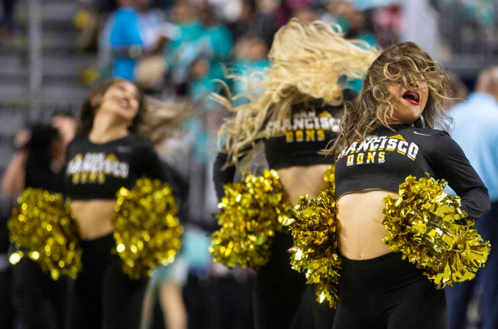 The San Francisco Dons spirit squad performs in the second half during their West Coast Confere ...